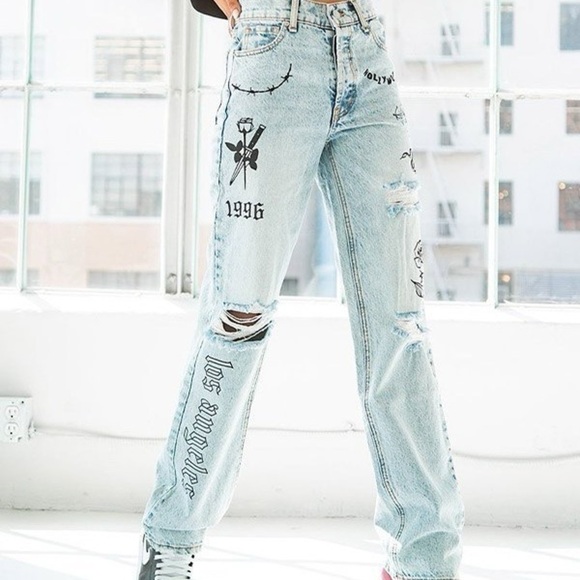 Revice Denim Iconic Printed Ripped Boyfriend Jeans Size 24 90s Straight - Picture 3 of 7